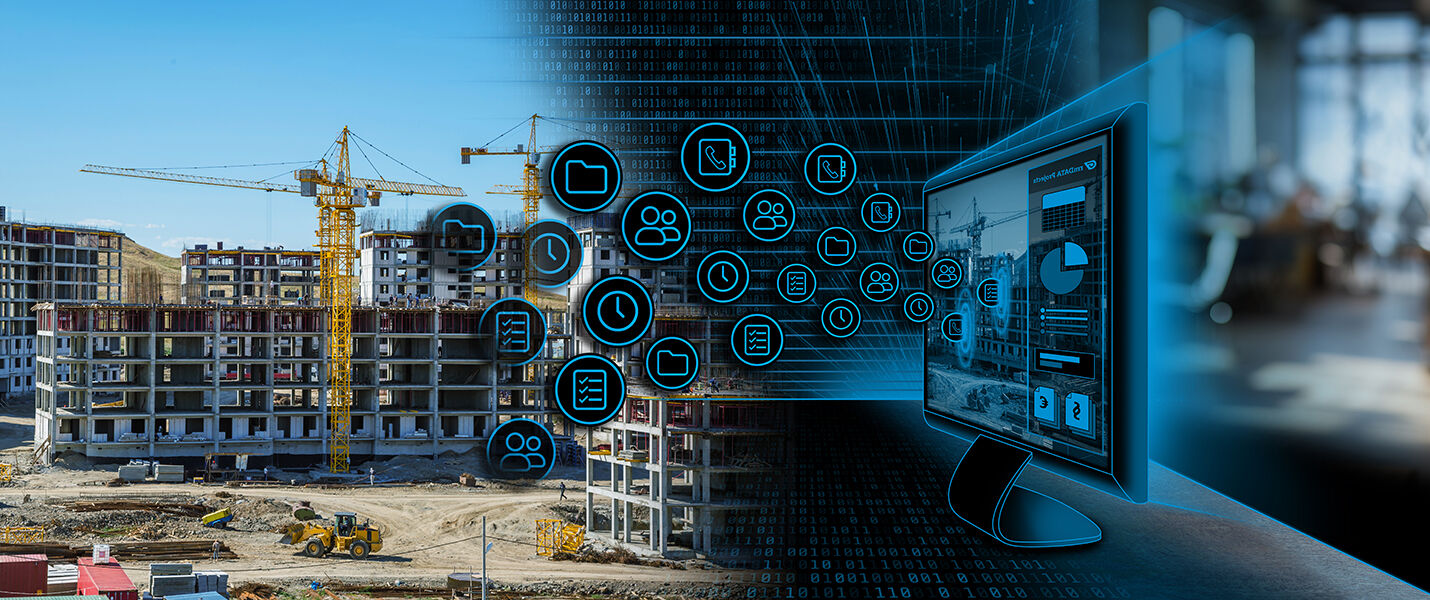 Eine Baustelle mit Kränen und Rohbauten im Hintergrund; rechts erscheint eine digitale Benutzeroberfläche mit Netzwerk-Symbolen und einem Monitor, der Baupläne zeigt – Symbol für digitale Planung und BIM in der Baubranche.