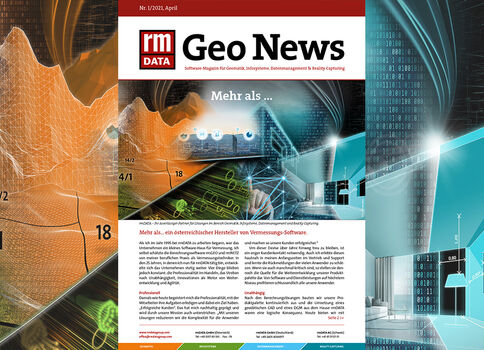 Collage eines Geo-News-Covers: links orange Berglandschaft und Kartenlinien, Mitte Titel "Geo News" mit Logo "IM DATA" und einer Zeitungsvorschau, rechts digitale Grafiken und Blöcke; thematisiert Geographie, Daten und Technologie.