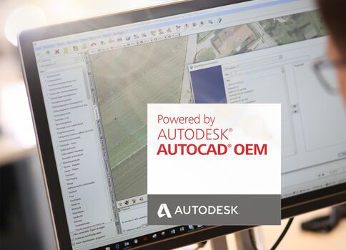 Ein Computerbildschirm zeigt die AutoCAD-Oberfläche mit Kartenausschnitt und Werkzeugleisten; im Vordergrund befindet sich ein Logotext „Powered by AUTODESK AUTOCAD OEM“.
