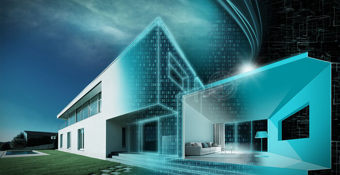 Moderne weiße Einfamilienhaus mit großen Glasfenstern und flacher Dachlinie. Gepflegter Rasen, Steingartenpfad zum Eingang und ein kleiner Pool im Hintergrund. Auf der rechten Seite ein leuchtend blaues, geometrisches Hologramm, das ein High-Tech-Architektur-Konzept andeutet.