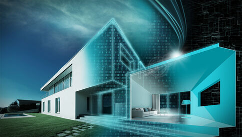 Moderne weiße Einfamilienhaus mit großen Glasfenstern und flacher Dachlinie. Gepflegter Rasen, Steingartenpfad zum Eingang und ein kleiner Pool im Hintergrund. Auf der rechten Seite ein leuchtend blaues, geometrisches Hologramm, das ein High-Tech-Architektur-Konzept andeutet.