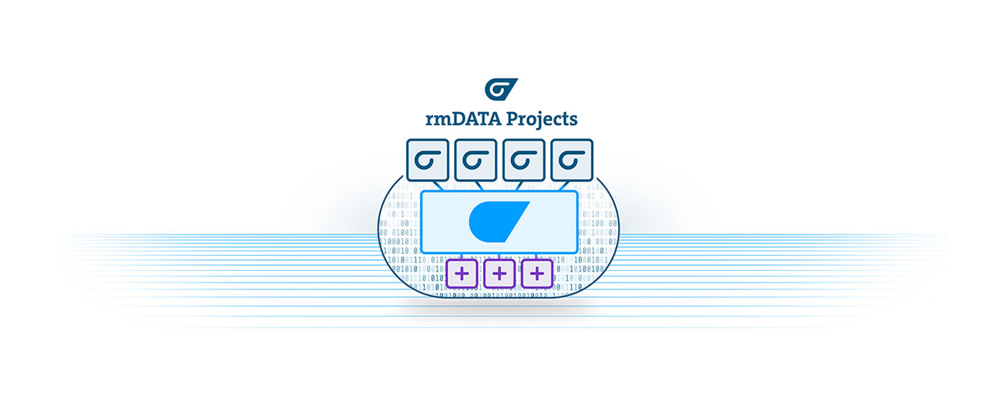 Logo von tmDATA Projects: Zentral eine runde, technische Plattform mit Display; daneben ein kleiner Bildschirm, darunter drei quadratische Schaltflächen; im Hintergrund verlaufen blaue Linien.