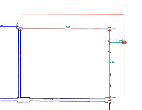 Plan technique d'une pièce rectangulaire encadrée en rouge et murs intérieurs en bleu. Cotes visibles : largeur 6,08 m en haut, hauteur 4,78 m sur le côté et une cote de 1,00 m près du coin supérieur droit.