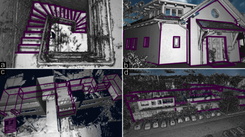Vier Ansichten von Gebäuden und Innenräumen mit violetten Konturen: a) dunkles Treppenhaus, b) weißes Wohnhaus von außen, c) verschachtelte Innenstiege aus Vogelperspektive, d) Gebäudekomplex mit Parkplatz.