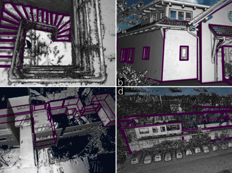 Vier Ansichten von Gebäuden und Innenräumen mit violetten Konturen: a) dunkles Treppenhaus, b) weißes Wohnhaus von außen, c) verschachtelte Innenstiege aus Vogelperspektive, d) Gebäudekomplex mit Parkplatz.