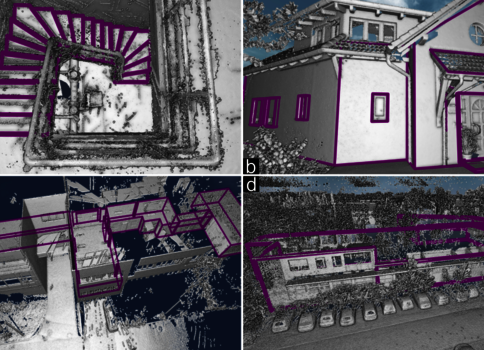 Vier Ansichten von Gebäuden und Innenräumen mit violetten Konturen: a) dunkles Treppenhaus, b) weißes Wohnhaus von außen, c) verschachtelte Innenstiege aus Vogelperspektive, d) Gebäudekomplex mit Parkplatz.
