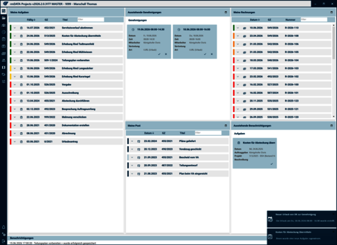 Screenshot einer Projektmanagement-Oberfläche mit mehreren Spalten: links eine Aufgabenliste bzw. Projektauswahl, in der Mitte Terminkalender und Detailpanels, rechts weitere Listen mit Status-Icons; enthält To-Dos, Fälligkeitsdaten und Prioritäten.