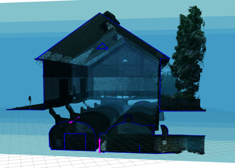 Durchsichtiger Querschnitt eines Hauses; im unteren Bereich befinden sich mehrere große, zylinderförmige Tanks in einer Reihe.