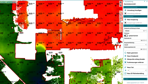 Farbcodierte Kartenansicht eines Gebiets mit überwiegend roter Fläche (hohe Werte) und grün-gelblichen Bereichen; rechts ein Bedienpanel einer GIS-Anwendung mit Menü- und Auswertungsoptionen.