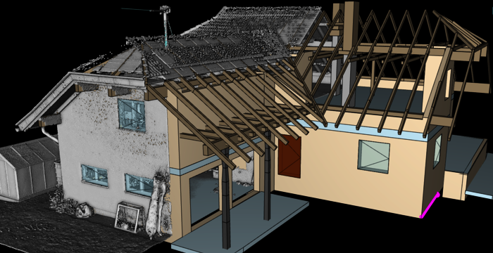 3D-Darstellung eines Hauses mit Anbau: links ein bestehendes zweistöckiges Wohnhaus, rechts ein neu errichteter Holz-Dachstuhl-Anbau mit freiliegenden Sparren.