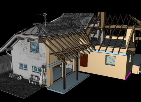 3D-Darstellung eines Hauses mit Anbau: links ein bestehendes zweistöckiges Wohnhaus, rechts ein neu errichteter Holz-Dachstuhl-Anbau mit freiliegenden Sparren.
