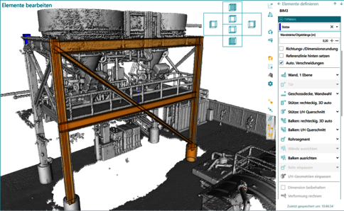 3D-DDarstellung einer Industrieanlage mit einer orangefarbenen Stahlkonstruktion, die eine komplexe Maschine mit Rohren, Ventilen und Zylindern trägt.