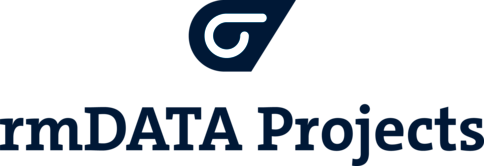Firmenlogo mit oben platziertem stilisierten dunkelblauen Symbol (mit weißer Linie) und darunter dem Schriftzug 'rmDATA Projects' in dunklem Blau.