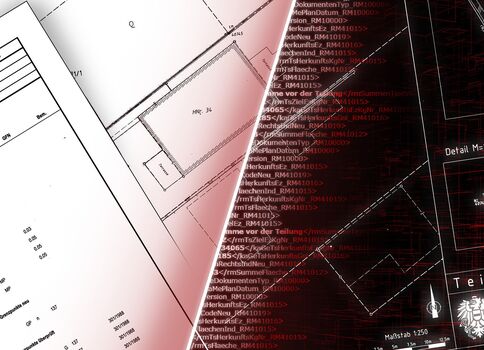 Collage technischer Zeichnungen: Blaupausen, Diagramme und Tabellenblätter überlagern sich, während rechts digitale Codezeilen sichtbar sind. Das Bild vermittelt Ingenieurwesen und Datenanalyse.