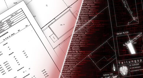 Collage technischer Zeichnungen: Blaupausen, Diagramme und Tabellenblätter überlagern sich, während rechts digitale Codezeilen sichtbar sind. Das Bild vermittelt Ingenieurwesen und Datenanalyse.