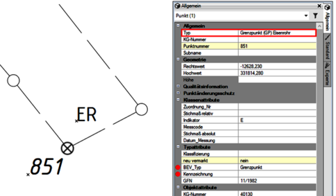 Kartenausschnitt mit einem markierten Punkt 'ER' und der Kennung 851; Linien verbinden ihn mit weiteren Punkten. Rechts daneben öffnet sich ein Attributfenster mit Detaildaten zum Punkt.
