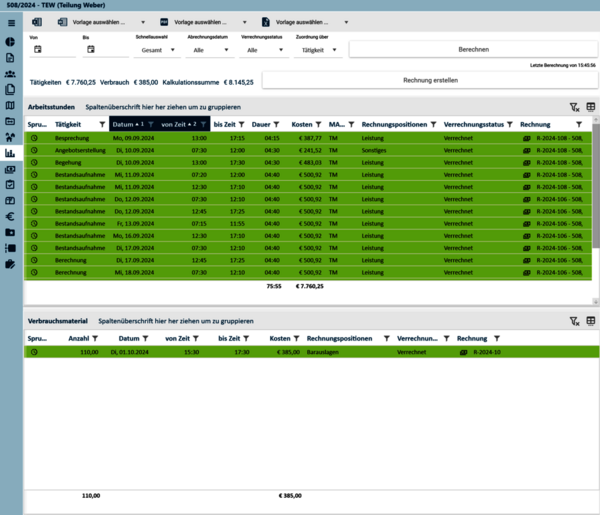 Neu in der aktuellen Version von rmDATA Projects ist die Projektauswertung mit automatischer Rechnungserstellung.