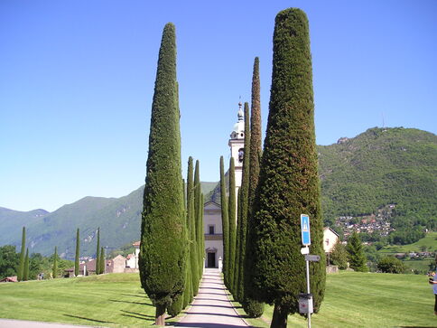 Eine gepflasterte Allee aus hohen, schlanken Zypressen führt zu einer weißen Kirche mit Glockenturm. Links und rechts grüne Rasenflächen, im Hintergrund sanfte Hügel und Berge unter klarem blauen Himmel; eine ruhige, ländliche Szene.