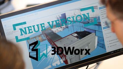 Bildschirm zeigt eine 3D-CAD-Ansicht eines Modells. Über dem Modell steht der türkisblaue Text NEUE VERSION, darunter das Logo 3DWorx.
