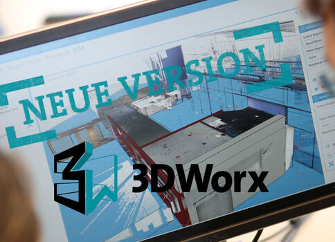 Écran d’ordinateur affichant une maquette 3D avec le texte turquoise « NEUE VERSION » et le logo noir « 3DWorx » apparaissant sur l’écran.