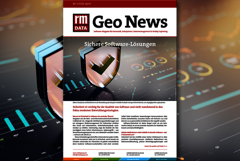 Titelseite der IT-Fachzeitschrift Geo News. Überschrift: Sichere Software-Lösungen. Zentral eine glänzende Schutzschild-Illustration mit Haken vor einem Hintergrund aus digitalen Grafiken.