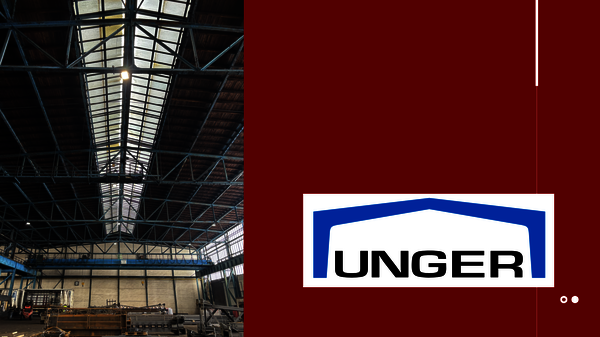 Innenansicht einer Industriehalle mit Stahlkonstruktion, Glasdach und Kranbahn; rechts roter Hintergrund mit dem weißen UNGER-Logo in Blau.