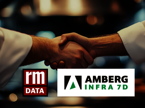 Zwei Geschäftspartner schütteln sich die Hand als Zeichen einer Partnerschaft. Im Vordergrund erscheinen die Logos von RM Data und Amberg Infra 7D.