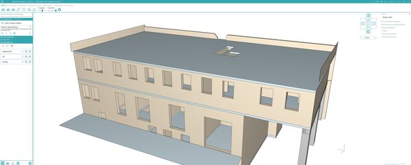 An isometric 3D model of a two-story beige building with a flat gray roof, rows of rectangular windows on both floors, and a ground-floor entrance; a small wing extends from the left side.