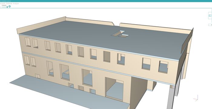 An isometric 3D model of a two-story beige building with a flat gray roof, rows of rectangular windows on both floors, and a ground-floor entrance; a small wing extends from the left side.