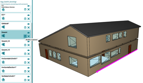 3D-Ansicht eines zweistöckigen Hauses mit braunen Außenwänden, dunklem Satteldach und vielen Fenstern. Perspektive von vorne rechts; zeigt Vorder- und Seitenansicht der Gebäudestruktur.