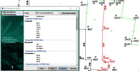 Screenshot eines Windows-Dialogs 'KVZ-Einstellungen' zur Punkteklassifikation (Punkte, Messpunkte, Grenzpunkte) mit Schaltfläche 'Neue Gruppe erstellen'. Im Hintergrund eine farbige Karten-/Netzansicht mit Linien und Knotenpunkten.