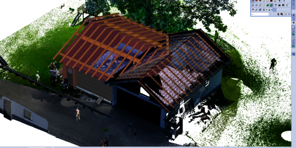 3D-Visualisierung eines Bauhauses: Eine Hausseite mit offener Holzdachkonstruktion, daneben ein Teil mit rotem Ziegeldach. Grünfläche rundherum und einige Arbeiter in der Umgebung.
