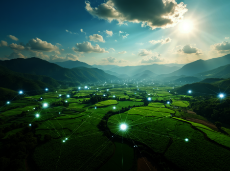Terrassenfelder in einem Tal, umgeben von Bergketten; die Sonne scheint. Über dem Land erstreckt sich ein Netz aus leuchtenden Knotenpunkten, das Vernetzung und Smart Farming symbolisiert.