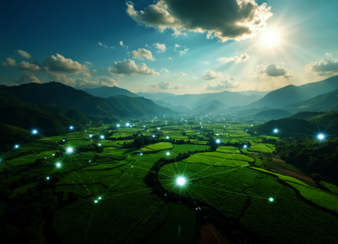 Terrassenfelder in einem Tal, umgeben von Bergketten; die Sonne scheint. Über dem Land erstreckt sich ein Netz aus leuchtenden Knotenpunkten, das Vernetzung und Smart Farming symbolisiert.
