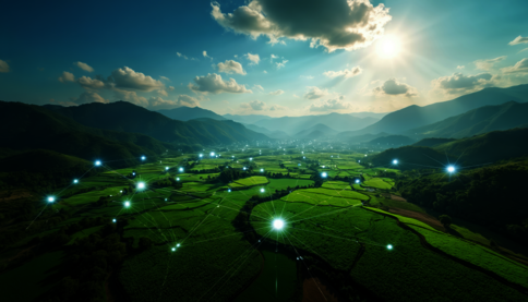 Terrassenfelder in einem Tal, umgeben von Bergketten; die Sonne scheint. Über dem Land erstreckt sich ein Netz aus leuchtenden Knotenpunkten, das Vernetzung und Smart Farming symbolisiert.