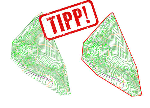 Zwei grüne, konturierte Formen, ähnlich Topografie-Modellen, stehen nebeneinander; darüber prangt ein roter Stempel mit der Aufschrift "TIPP!".
