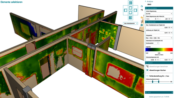Neu in Version 2025.1 ist die detaillierte Analyse der Abweichungen von BIM-Elementen zur Punktwolke.