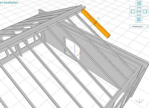 3D-Modell einer Dachkonstruktion aus Holzbalken; graue Balkenrahmen bilden den Dachstuhl, ein Balken ist orange markiert und quer positioniert. Hintergrund zeigt ein Gitternetz einer Konstruktionsumgebung.