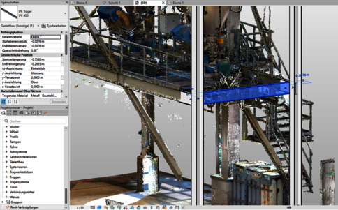 Screenshot einer CAD-Software mit einem Stahlgerüst und Treppenaufbau. Zwei Ansichten zeigen eine Baukonstruktion mit Stützen, Leitern und einer blauen Querträger; links sind Parameter- und Projektfenster sichtbar.