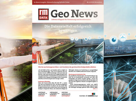 Collage mit der Geo-News-Zeitschrift im Zentrum. Links eine Person in Warnweste und Helm bei Vermessungsarbeiten, rechts ein digitales Netzinfrastruktur-Bild; Fokus liegt auf Geodatenvielfalt und Vermessungstechniken.