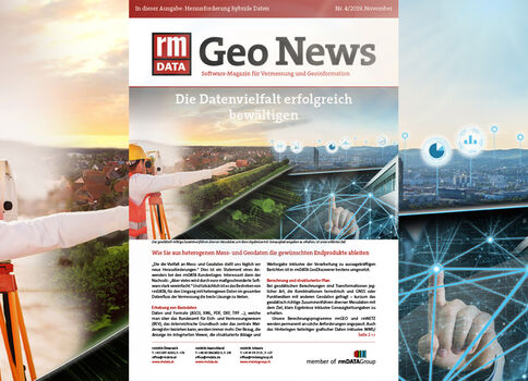 Collage mit der Geo-News-Zeitschrift im Zentrum. Links eine Person in Warnweste und Helm bei Vermessungsarbeiten, rechts ein digitales Netzinfrastruktur-Bild; Fokus liegt auf Geodatenvielfalt und Vermessungstechniken.