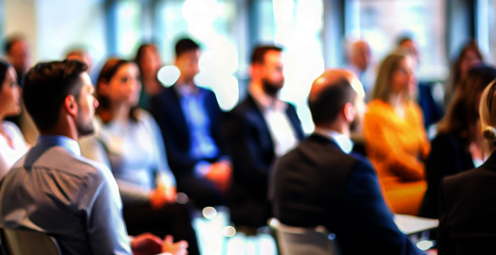 Mehrere Personen in Business-Kleidung sitzen in Reihen in einem Konferenzraum und hören aufmerksam einem Vortrag zu.