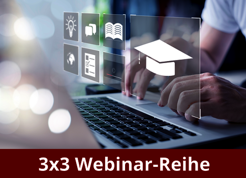 Person tippt auf einem Laptop; holografische Lernsymbole schweben über dem Gerät, darunter eine Abschlusskappe. Am unteren Bildrand befindet sich ein roter Balken mit dem Text '3x3 Webinar-Reihe'.