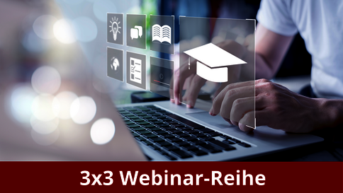 Person tippt auf einem Laptop; holografische Lernsymbole schweben über dem Gerät, darunter eine Abschlusskappe. Am unteren Bildrand befindet sich ein roter Balken mit dem Text '3x3 Webinar-Reihe'.
