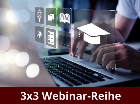 Person tippt auf einem Laptop; holografische Lernsymbole schweben über dem Gerät, darunter eine Abschlusskappe. Am unteren Bildrand befindet sich ein roter Balken mit dem Text '3x3 Webinar-Reihe'.