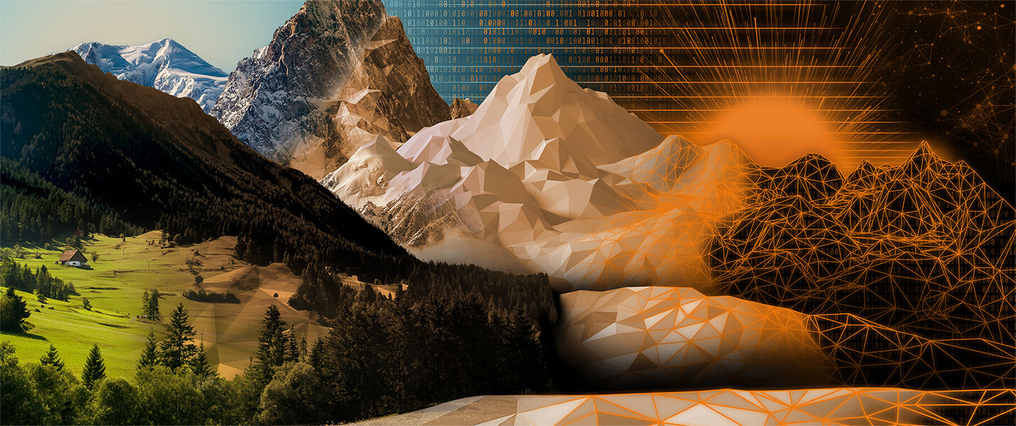 Landschaft mit grünen Wiesen und Wald im Vordergrund, links schneebedeckte Berggipfel; in der Mitte und rechts erscheinen geometrische orange-weiße Polygonberge, während eine warme Sonne dahinter aufgeht.