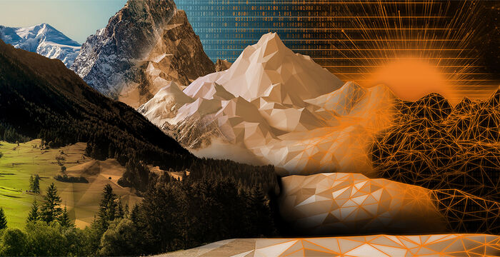 Landschaft mit grünen Wiesen und Wald im Vordergrund, links schneebedeckte Berggipfel; in der Mitte und rechts erscheinen geometrische orange-weiße Polygonberge, während eine warme Sonne dahinter aufgeht.