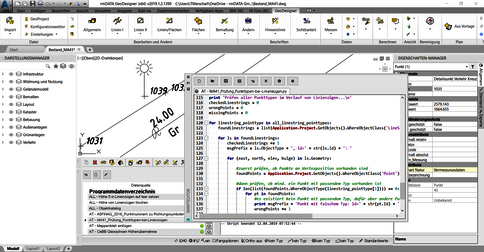 Screenshot einer GIS-/CAD-Anwendung mit Kartendarstellung: Linien und Koordinaten im Hintergrund, offener Code-Editor im Vordergrund; zahlreiche Symbolleisten, Menüs und Fensterrahmen der Benutzeroberfläche sichtbar.