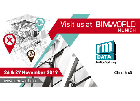 Bannerwerbung für BIMWORLD München: Ein rotes Werbeband mit Text lädt zum Besuch ein; Stand 40 von rmDATA (Reality Capturing). Termine 26.–27. November 2019. Website www.bim-world.de.