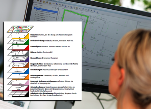 Une personne assise devant un écran affichant un plan technique, avec une fenêtre montrant une légende colorée des couches du dessin.